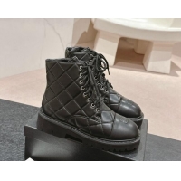 Durable Chanel Quilted Calfskin Lace up Ankle Boots Black 816131