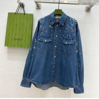 Top Quality Gucci Denim Shirt with Crystals G8722 Blue 2024