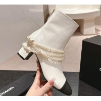 Perfect Chanel Stretch Lambskin Ankle Boots 5.5cm with Star Pearls White 817028