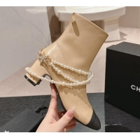 Sophisticated Chanel Stretch Lambskin Ankle Boots 5.5cm with Star Pearls Beige 817029