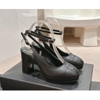 Fashion Luxury Chanel Lambskin Slingback Platform Pumps 9cm with Ankle Strap Black 817032