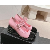 Good Quality Chanel Calfskin Mary Janes Pumps 7.5cm with Strass Pink 817037