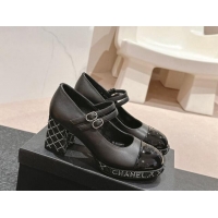 Grade Chanel Calfskin Mary Janes Pumps 7.5cm with Strass Black 817038