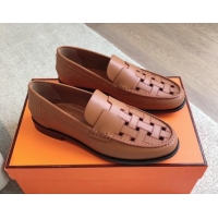 Popular Style Hermes Kennedy Loafers in Woven Calfskin Brown 724001