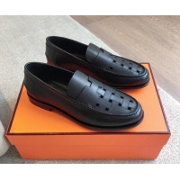 Best Grade Hermes Kennedy Loafers in Woven Calfskin Black 724004