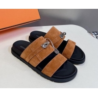 Top Grade Hermes Jackson Flat Slides Sandal in Suede with Kelly Buckle Brown 724008