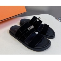 Shop Duplicate Hermes Jackson Flat Slides Sandal in Suede with Kelly Buckle Black 724009