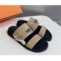 Good Looking Hermes Jackson Flat Slides Sandal in Suede with Kelly Buckle Beige 724011