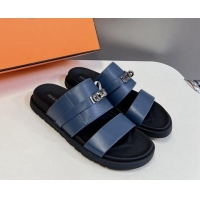 Top Design Hermes Jackson Flat Slides Sandal in Smooth Calfskin with Kelly Buckle Dark Blue 724013