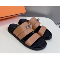 Good Qualit Hermes Jackson Flat Slides Sandal in Smooth Calfskin with Kelly Buckle Brown 724014