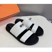 Low Cost Hermes Jackson Flat Slides Sandal in Smooth Calfskin with Kelly Buckle White 724015