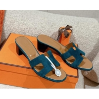 Pretty Style Hermes Oasis Heel Slides Sandal 5cm in Suede Peacock Green 724019