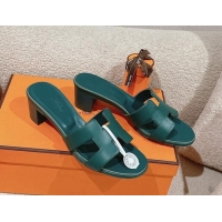 Good Product Hermes Oasis Heel Slides Sandal 5cm in Calfskin Dark Green 724024