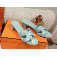 Good Quality Hermes Oasis Heel Slides Sandal 5cm in Calfskin Light Green 724026