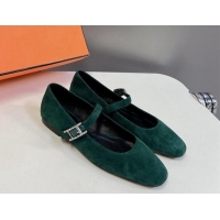 Top Design Hermes Mary Jane Ballet Flat in Suede with Hapi Buckle Dark Green 724028