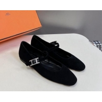  Low Cost Hermes Mary Jane Ballet Flat in Suede with Hapi Buckle Black 724029