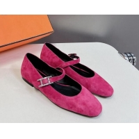 Low Price Hermes Mary Jane Ballet Flat in Suede with Hapi Buckle Dark Pink 724030