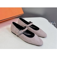 Grade Hermes Mary Jane Ballet Flat in Suede with Hapi Buckle Powder Pink 724031