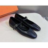 Best Product Hermes Mary Jane Ballet Flat in Calfskin with Hapi Buckle Black 724032