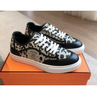 Stylish Hermes Get Low-top Sneakers in Printed Leopard Canvas Black 815002