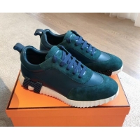 Best Grade Hermes Bouncing Sneakers in Suede and Calfskin Green/Blue 815007