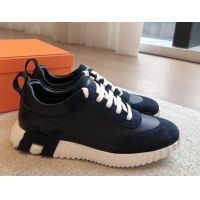 Grade Quality Hermes Bouncing Sneakers in Suede and Calfskin Dark Blue/Black 815010