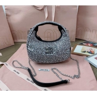 Best Price Miu Miu Wander satin mini hobo bag with synthetic crystals 5BP078 Black 2024