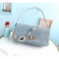 Buy Fashionable Miu Miu Iconic Crystal Cloque Nappa leather bag 5BD233 Pale Blue 2024