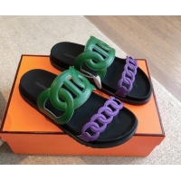 Popular Style Hermes Extra Chain Flat Slide Sandals in Bicolor Calfskin Green/Purple 815016