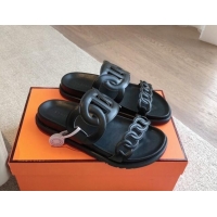 Good Looking Hermes Extra Chain Flat Slide Sandals in Calfskin Leather All Black 815020