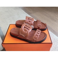 Shop Duplicate Hermes Extra Chain Flat Slide Sandals in Calfskin Leather Brown 815023