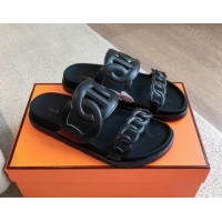 Big Discount Hermes Extra Chain Flat Slide Sandals in Calfskin Leather Black/Grey Logo 815024