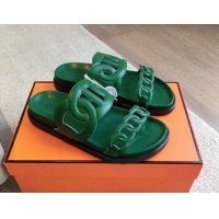 Grade Quality Hermes Extra Chain Flat Slide Sandals in Calfskin Leather Deep Green 815025