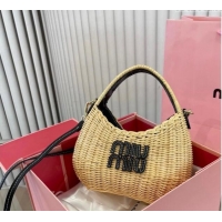 Famous Brand Miu Miu Wander wicker handbag 5BC125 Beige/Black 2024