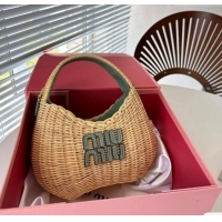 Luxurious Miu Miu Wander wicker handbag 5BC125 Beige/Green 2024