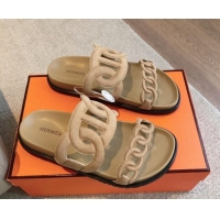 Luxurious Hermes Extra Chain Flat Slide Sandals in Suede Light Brown 815028