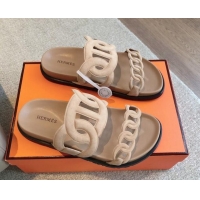 Top Grade Hermes Extra Chain Flat Slide Sandals in Suede Dark Beige 815029