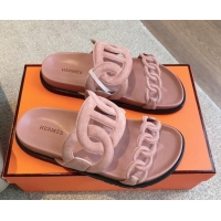 Unique Style Hermes Extra Chain Flat Slide Sandals in Suede Light Pink 815031