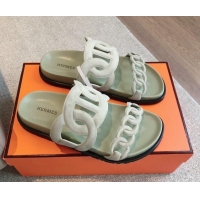 Good Looking Hermes Extra Chain Flat Slide Sandals in Suede Light Green 815032