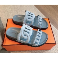 Good Quality Hermes Extra Chain Flat Slide Sandals in Suede Light Blue 815033