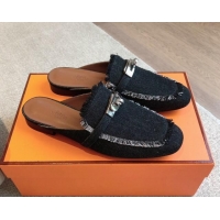 Buy Luxury Hermes Oz Flat Mules in Fringe Denim Black 815038