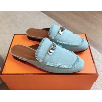 Grade Quality Hermes Oz Flat Mules in Fringe Denim Light Blue 815039