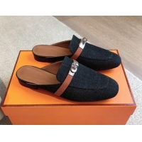 Best Price Hermes Oz Flat Mules in Denim Black/Brown 815040