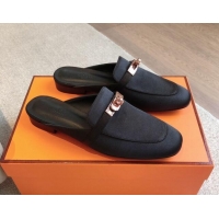 Stylish Hermes Oz Flat Mules in Satin Black 815041