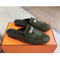 Perfect Hermes Oz Flat Mules in Suede Dark Green 815043