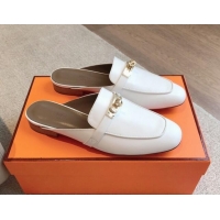 Unique Style Hermes Oz Flat Mules in Calfskin Leather White 815044