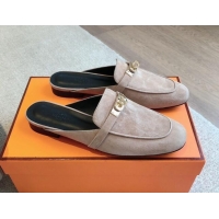 Good Looking Hermes Oz Flat Mules in Suede Grey 815046