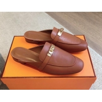 Good Quality Hermes Oz Flat Mules in Calfskin Leather Brown/Gold 815047