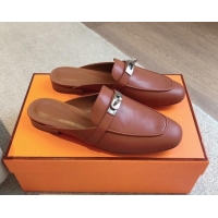 Grade Quality Hermes Oz Flat Mules in Calfskin Leather Brown/Silver 815048