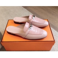 Best Grade Hermes Oz Flat Mules in Stone Embossed Leather Pink 815049